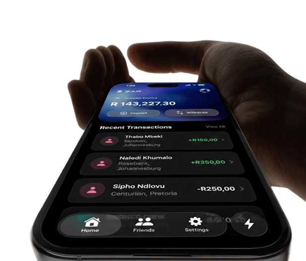 A hand holding a phone showing the Zap home screen: a rand balance and a list of recent transactions