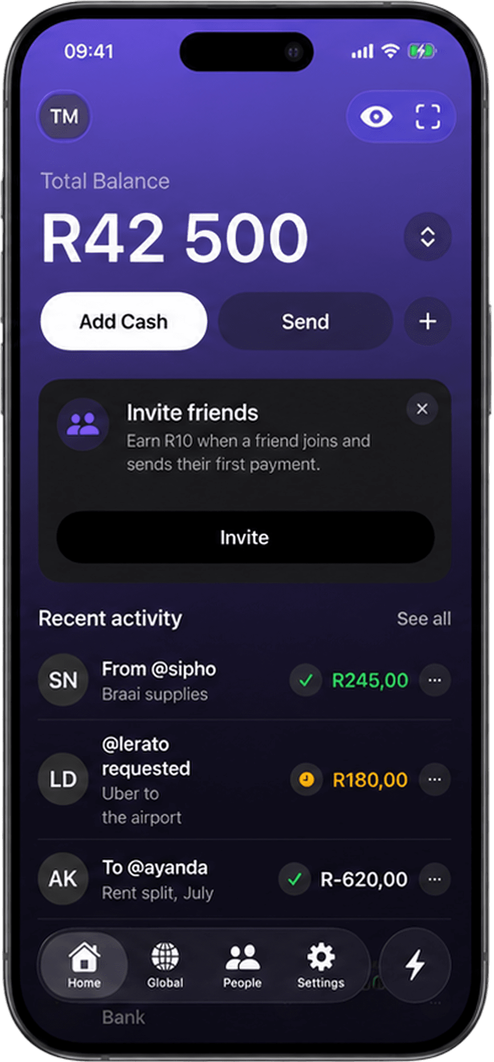 Zap app showing a R42 500 balance and recent activity