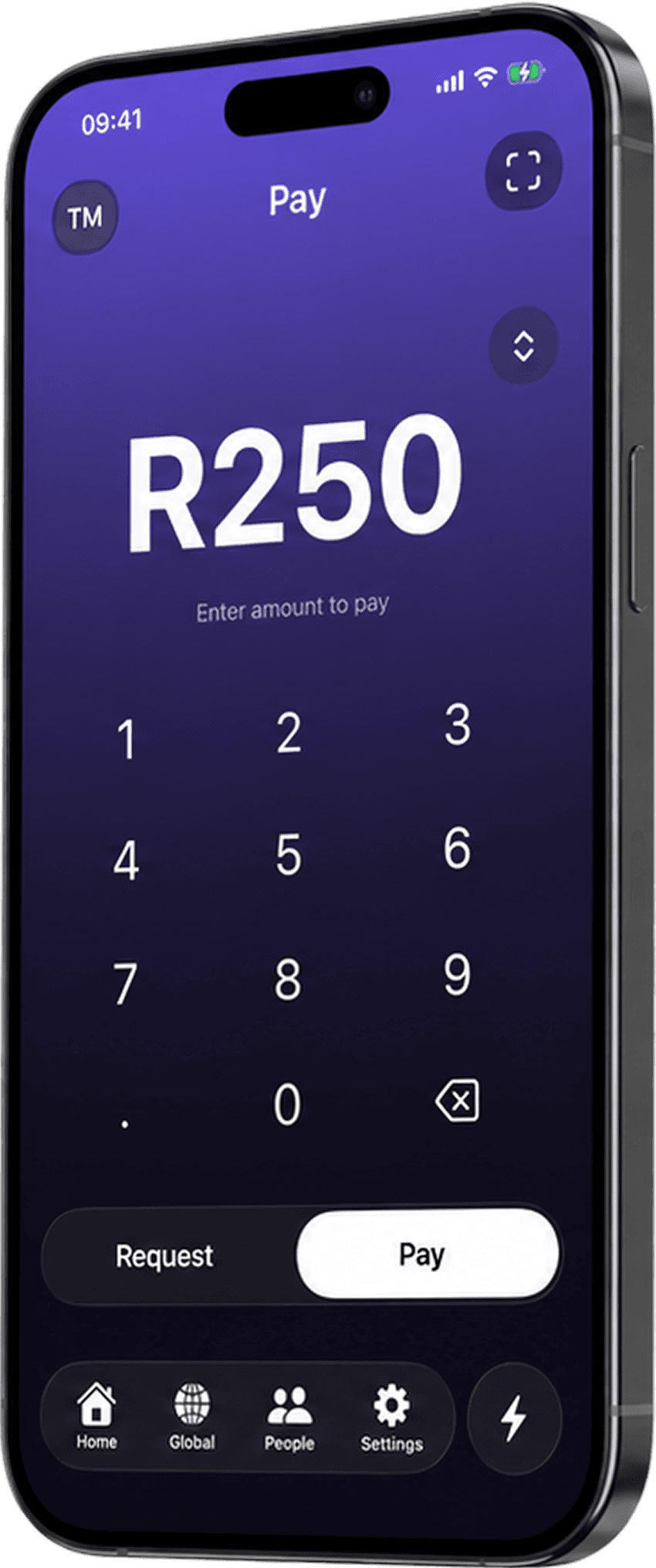 Zap app keypad with a R250 payment ready to send